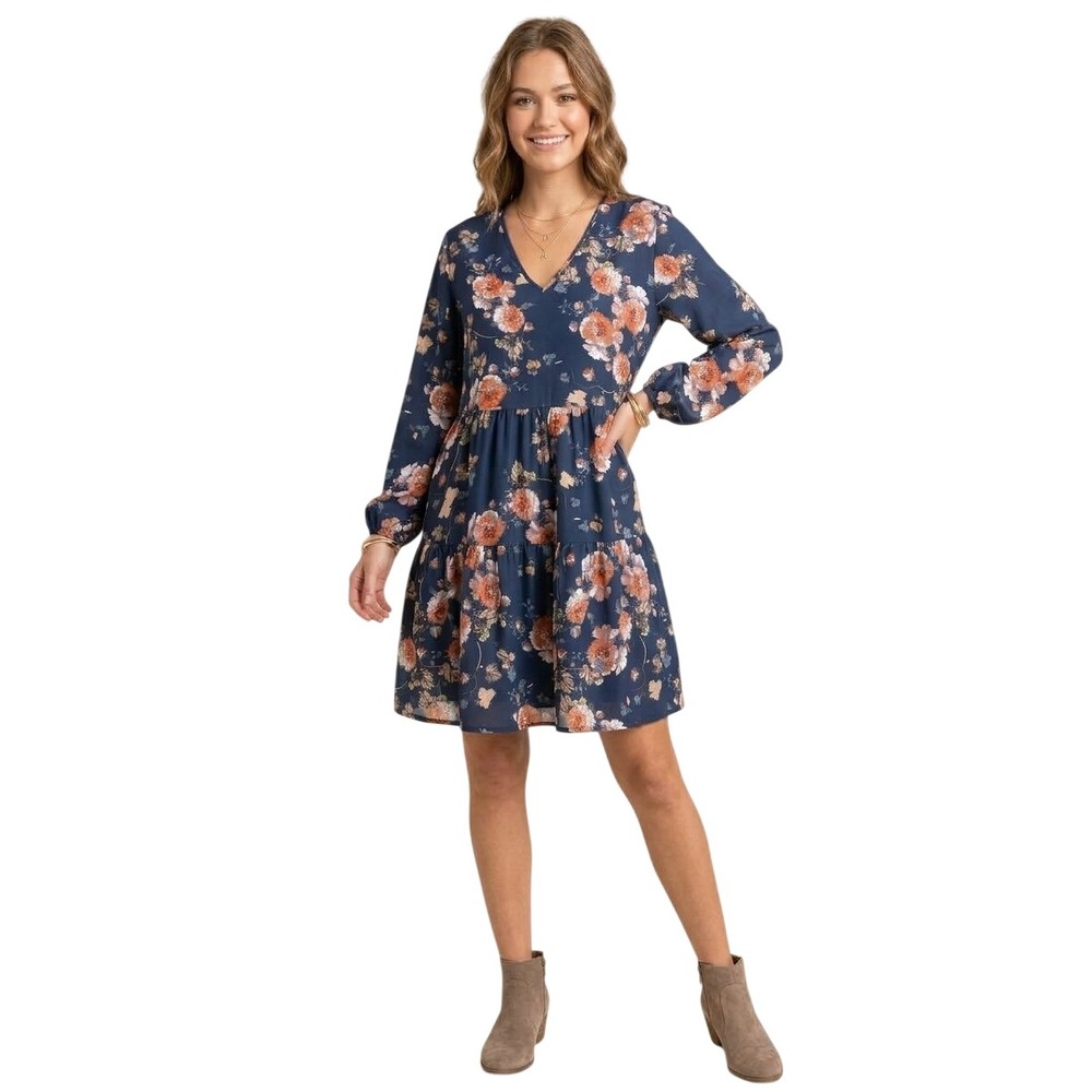 Floral Boho Feminine Babydoll Mini Dress Navy Blue Orange Cottagecore Medium